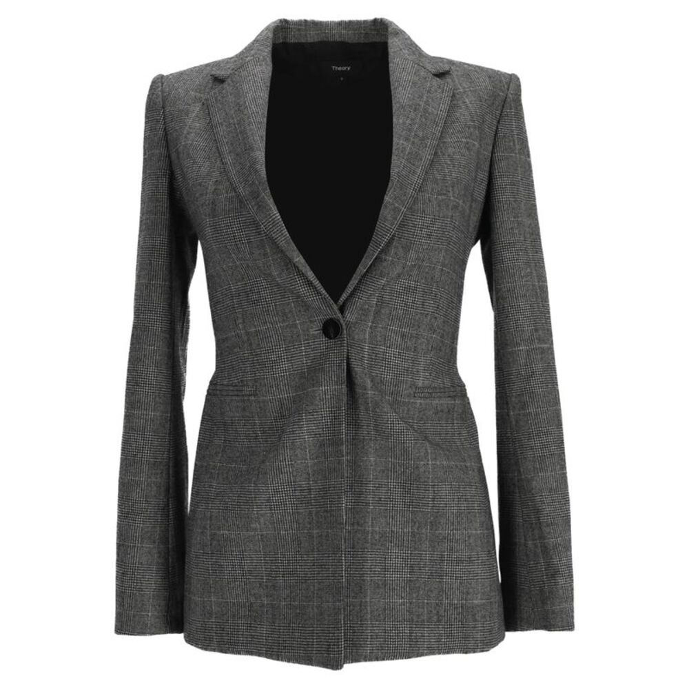 Theory Single-Breasted Plaid Slim-Fit Blazer in Grey Wool